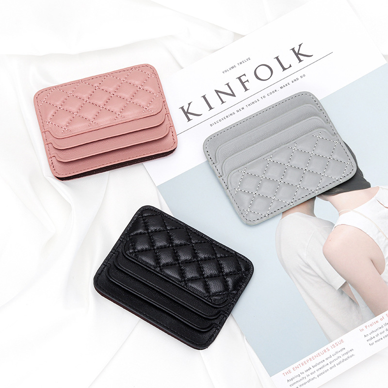 Genuine Sheepskin Leather Card Holder For Women, Slim Compact Diamond Quilted Wallet For Bank Cards, Driver's License And Coins