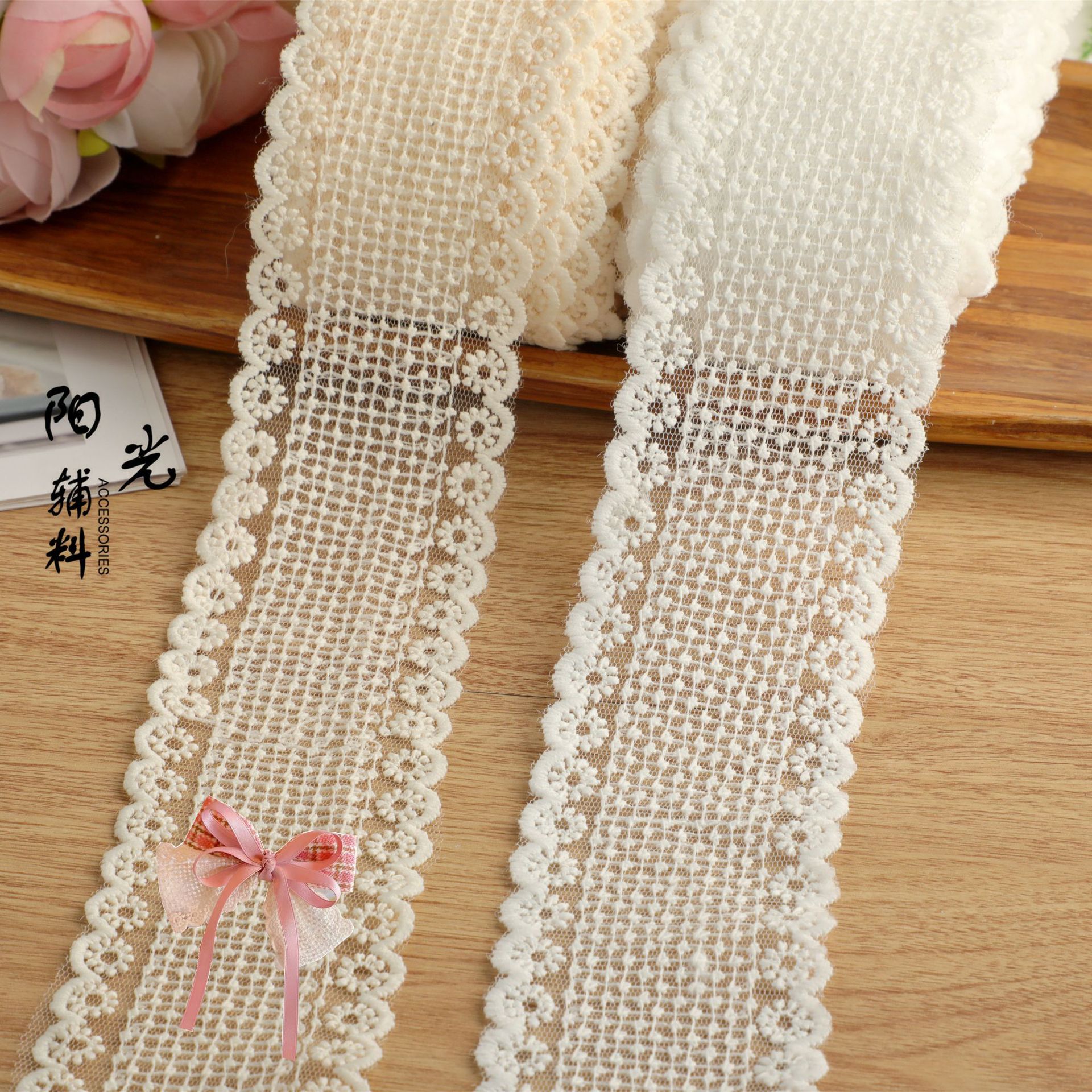 春季新款网红蕾丝大蝴蝶结儿童发饰花边米色牛奶丝刺绣网纱lace