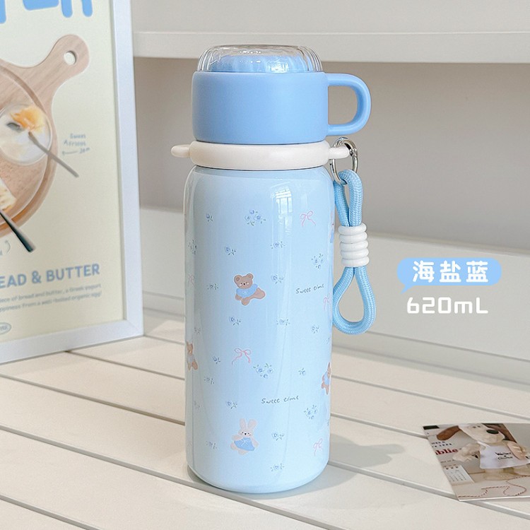 캐릭터 보온보냉 빨대 텀블러 620ml 휴대용 손잡이 스트랩 티필터