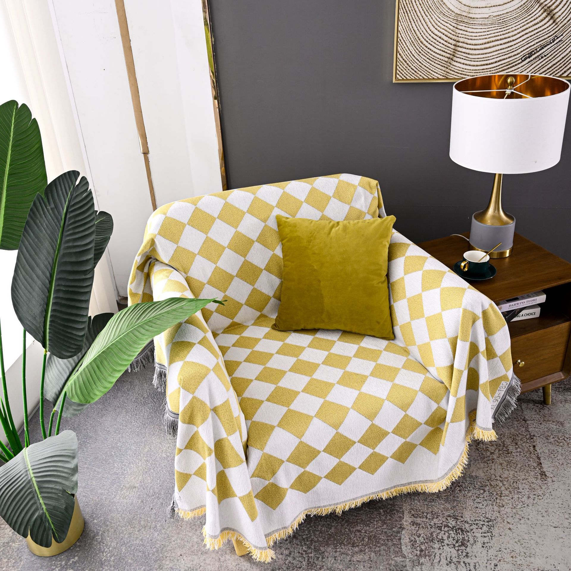 伊缦琪韵桌布多功能盖巾黄白提花棋盘格子现代简约厚实流苏