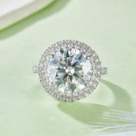 豪镶设计感S925银镀18K白金圆形莫桑钻女戒主石13.0mm/8.0CT