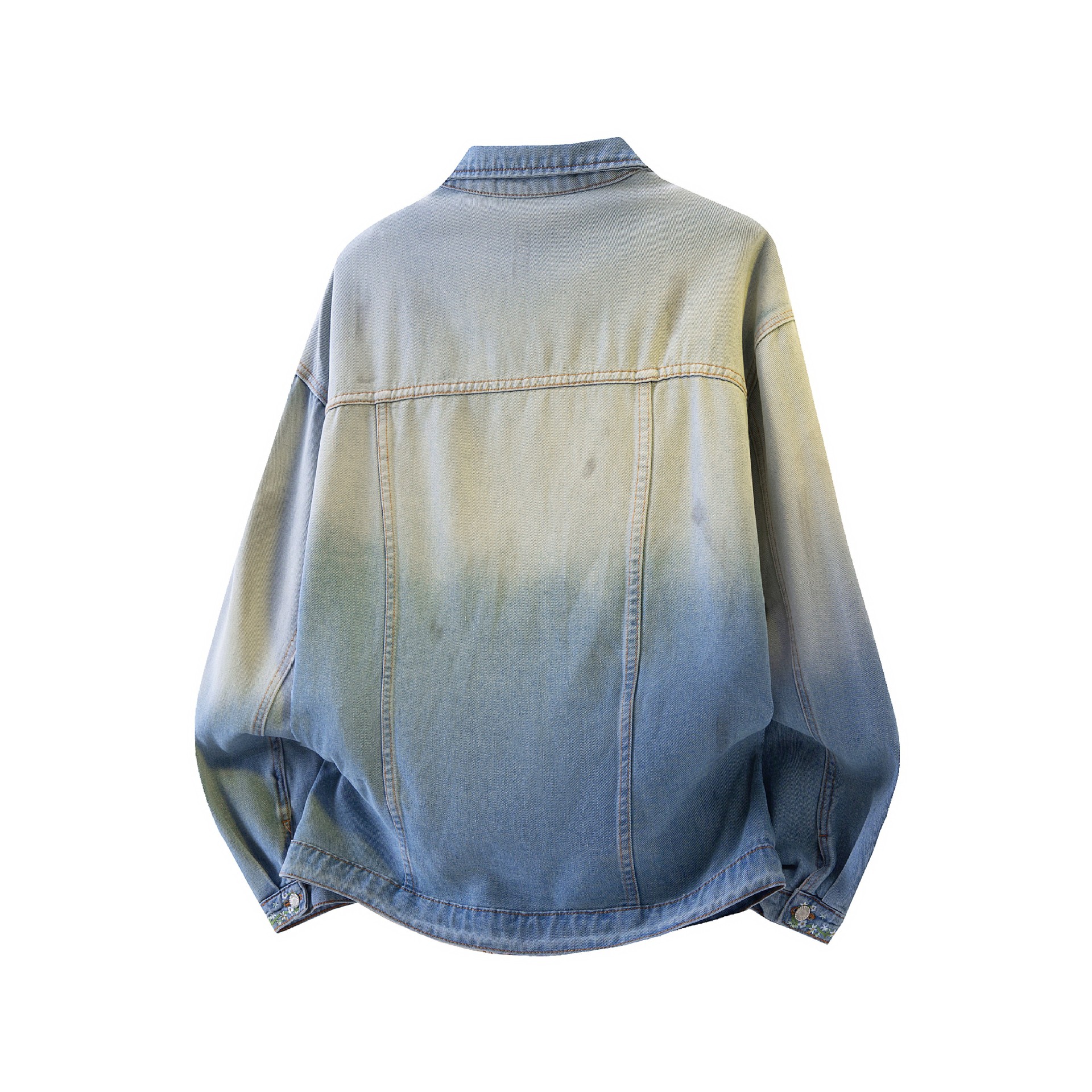 Gradually Dyeing Flower Embroidery Denim Jacket Unisex Trend_voghion.com