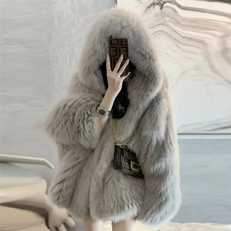 皮草外套女2024年冬季新款网红时尚连帽仿狐狸毛加厚大衣年轻款
