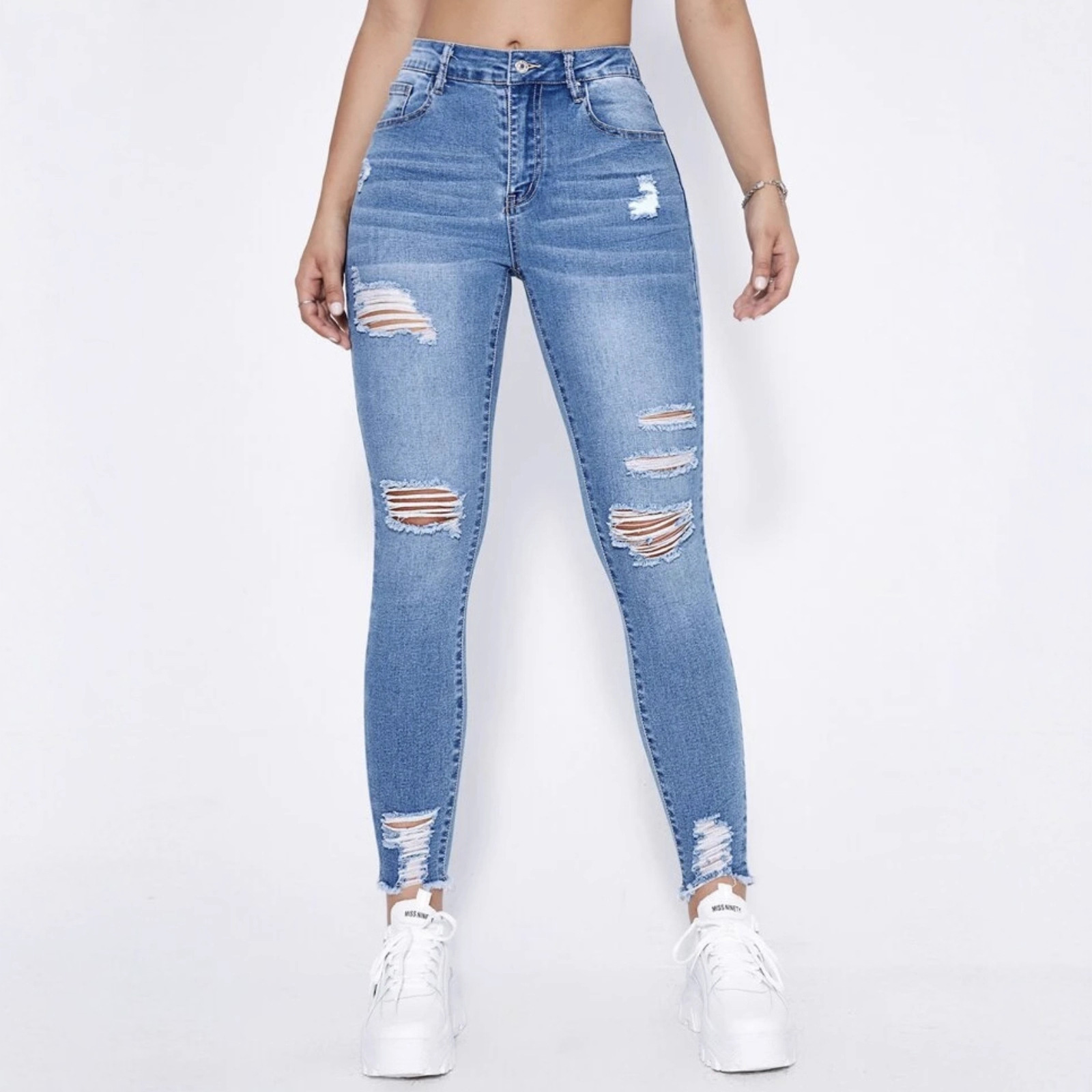Jeans Ajustados para Mujer de Mezclilla de Algodón, Elástico, Cintura Alta, Roto