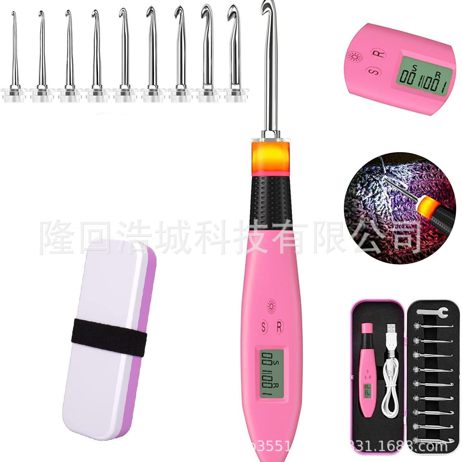 Herramientas de Ganchillo DIY, Aguja y Hilo con Luz LED, Herramientas de Tejer 9 en 1, Carga USB, Brillo Ajustable, Contador