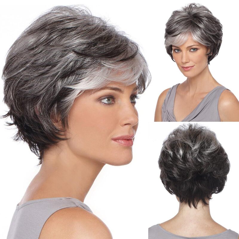 Gray Elf Short Cut Wig Layered European and American Hair Mixed Gray Wig with White Bangs Mixed Color Hair