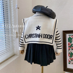 Girls Autumn Suit 2022 New Children's Striped Shawl Knitted Sweater Western Style Jacket Pleated Skirt Two-piece Set