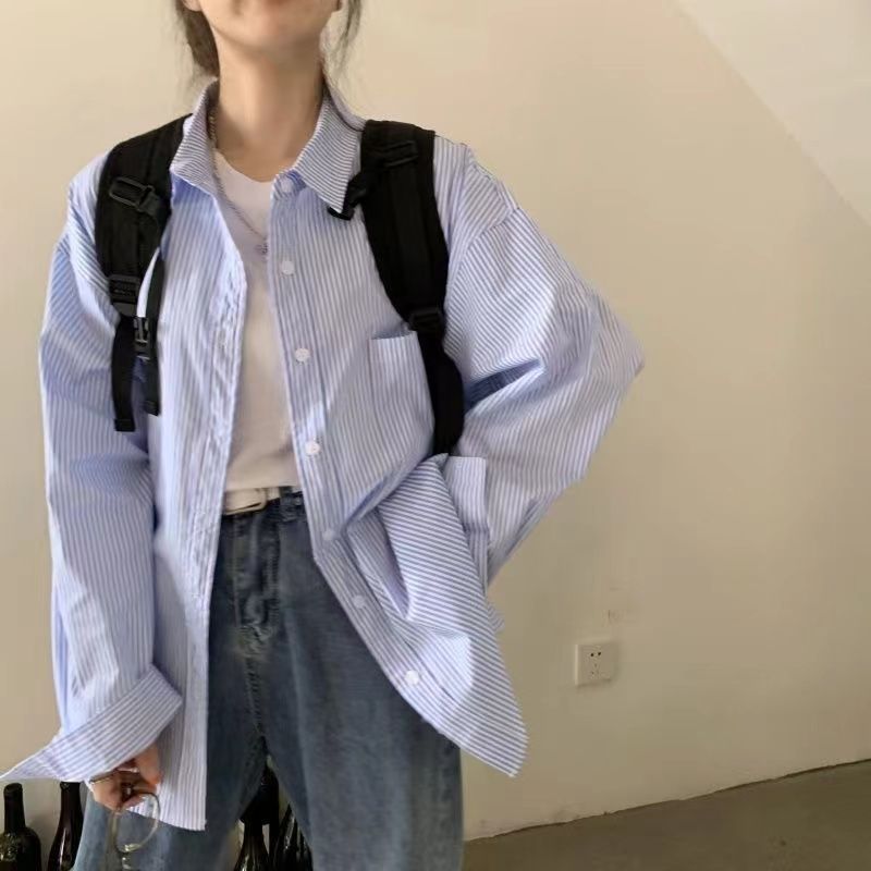 ストライプの長袖のシャツの女性の春秋の服の新型の日焼け止めのゆったりしたbfの風のゆったりしている中の長いストライプの百合のコートの女性|undefined