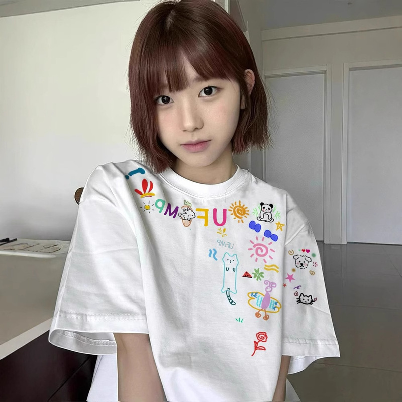 Fun Cartoon Graffiti White Short-Sleeved T-Shirt for Women Summer 2025 New Oversize Design Niche Large Size