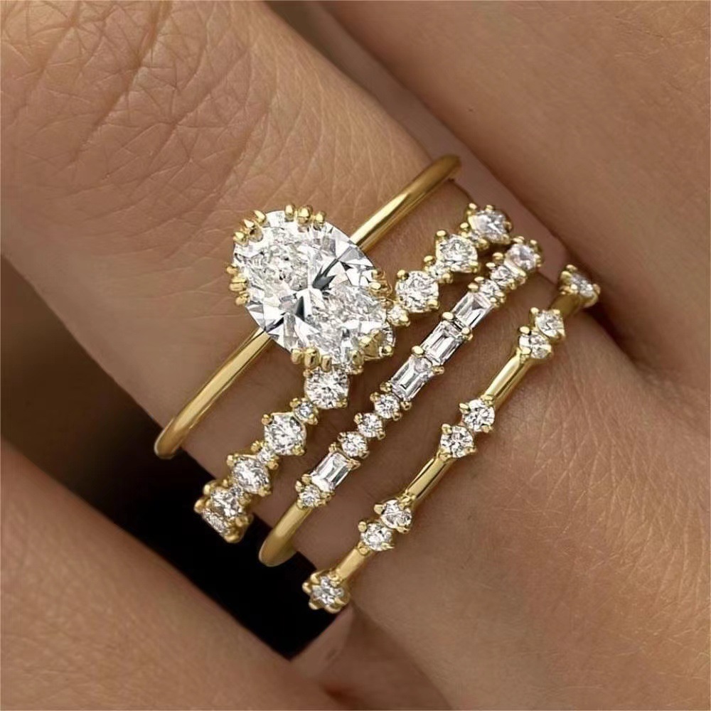 Wish New Jewelry European and American Four-piece Set with Diamond Zircon Flower Engagement Anniversary Luxury Jewelry Ring Set