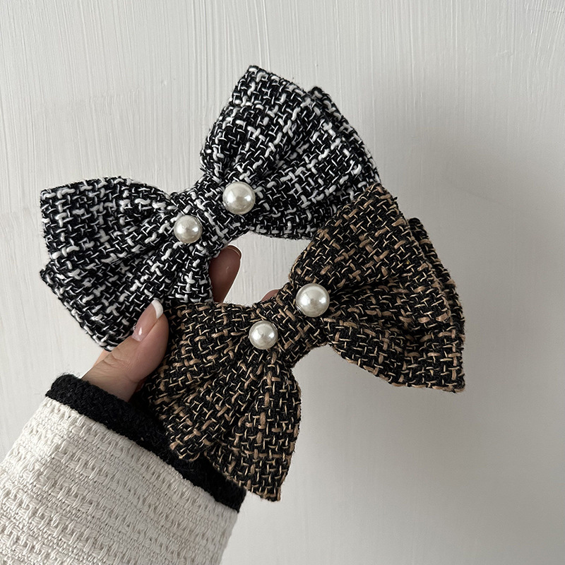 Französisches Karomuster, große Perle, Schleife, schwarz-weiß, Kopfbedeckung, Haarnadel, elegantes Hinterkopf-Frühlingsoberteil, kariertes Herbst- und Winterhaar_voghion.com