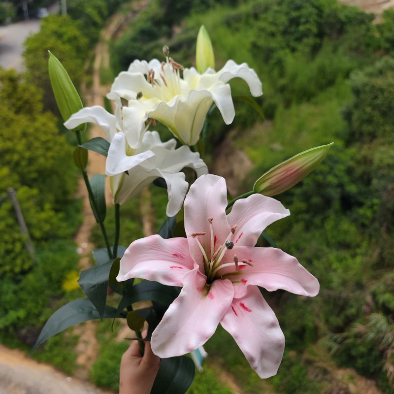 PU two-headed lily artificial flower suit living room table decoration fake floral wedding tour props PU two-headed lily artificial flower suit living room table decoration fake floral wedding tour props