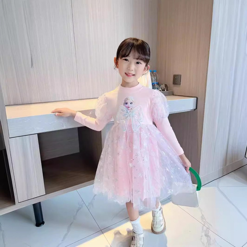 Girls Dress  Spring and Autumn New Children's Ice and Snow Princess Dress Baby Mesh Puff Dress