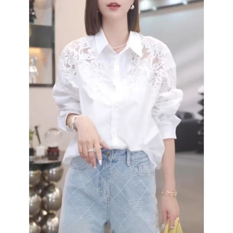 Cross-border in-stock hollow-out shirt, elegant white shirt, fashionable lace casual new long-sleeve top, Southeast Cross-border in-stock hollow-out shirt, elegant white shirt, fashionable lace casual new long-sleeve top, Southeast