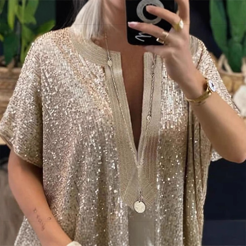Външна търговия Европейски и американски нов стил AliExpress Европейски и американски нови свободни пайети с V-образно деколте и къси ръкави, ежедневни дълбоки V-образни пайети
