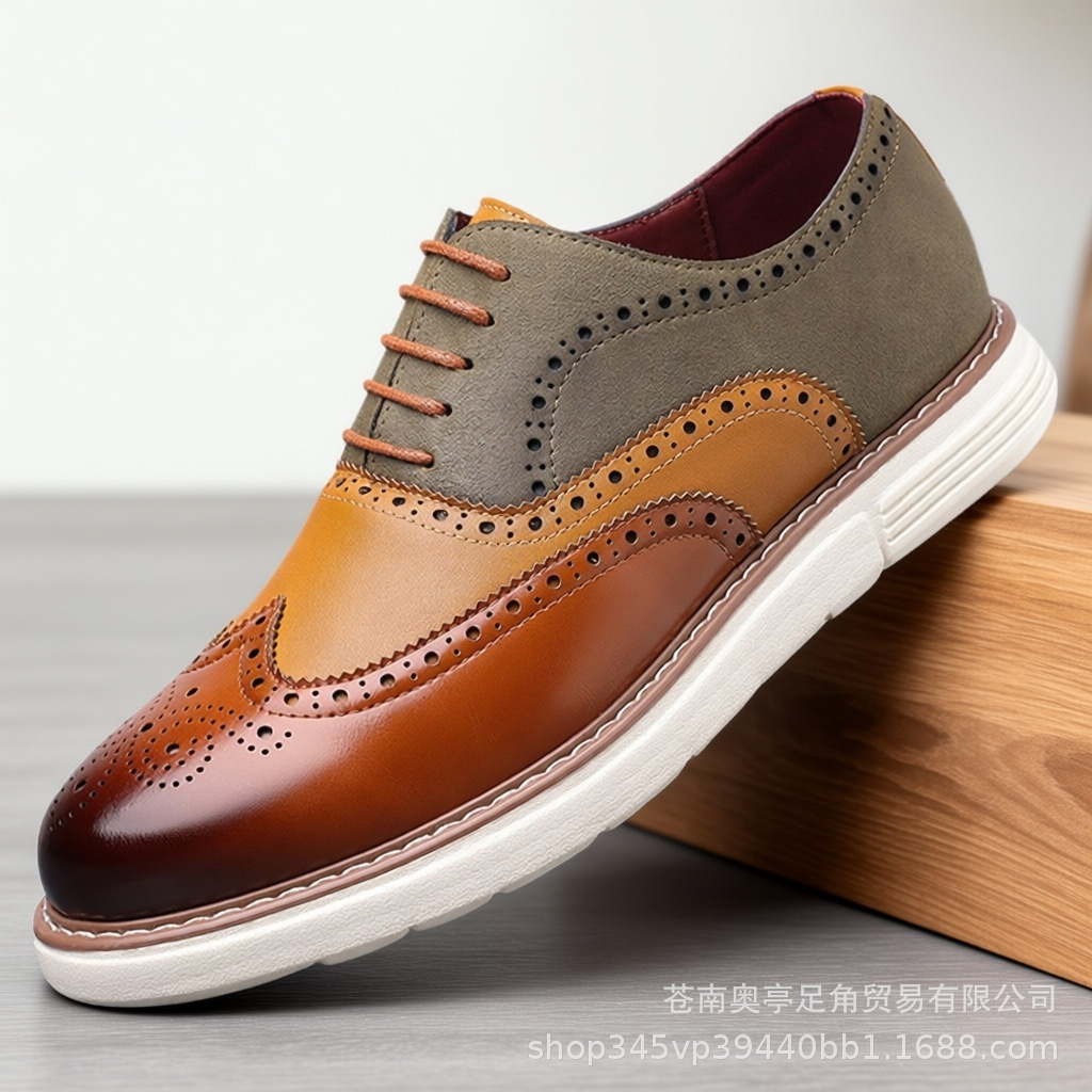 Cross-border large-size business casual leather shoes for men, brogue lace-up formal shoes, soft-soled comfortable British-style men's shoes