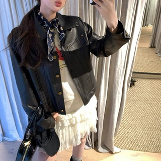 aaaaxbbb 黑皮革手册 黑色皮衣中短款翻领外套高级感铆钉休闲上衣