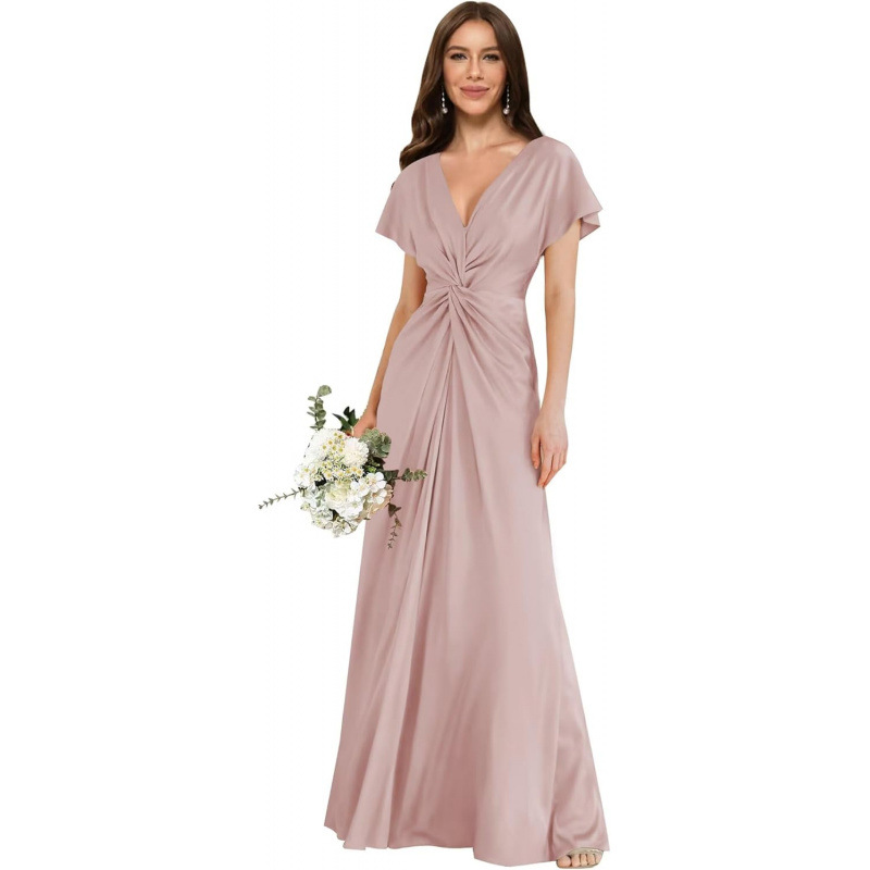 Europa y América transfronterizos 2026 verano nuevo satén de mangas cortas vestido de boda formal vestido de dama de honor