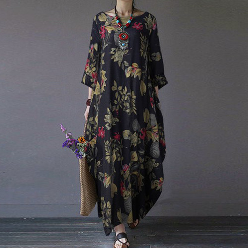 2025 New Cross-border Plus Size Cotton-Linen Printed Chinese Style Retro Hooded Loose Round Neck Korean Style Dress