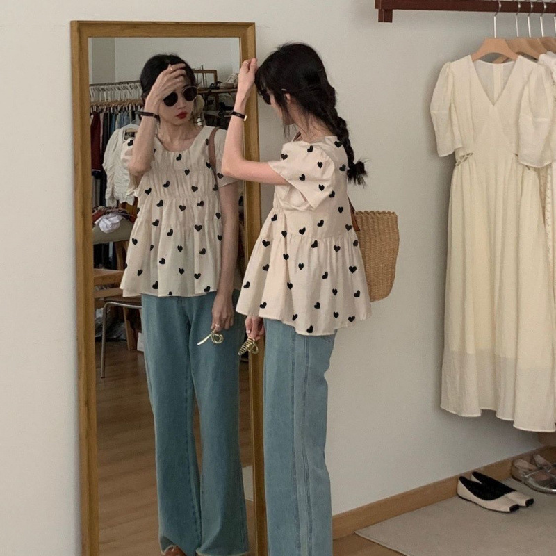 Apricot Pleated Short-Sleeved Shirt 2025 Summer Loose Niche New Shirt Heart Heart Floral Top Puff Sleeve Style