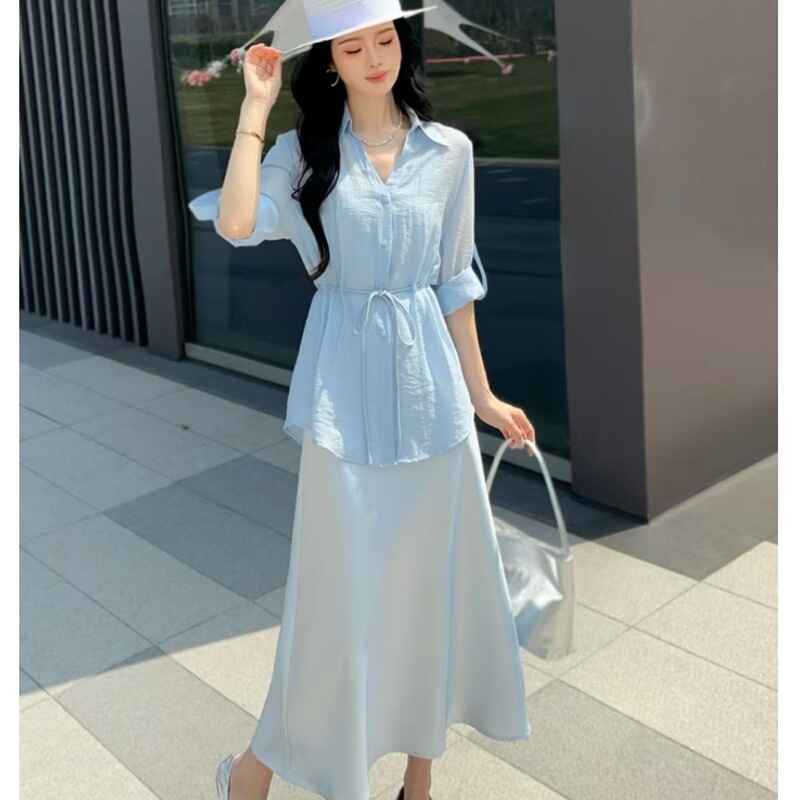 2026 Summer Korean Style Fashionable Slim-Fit Waist-Cinching Tencel Sun-Protection Shirt and Satin Camisole Dress Two-Piece Set for Women 2026 Summer Korean Style Fashionable Slim-Fit Waist-Cinching Tencel Sun-Protection Shirt and Satin Camisole Dress Two-Piece Set for Women