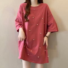 ピュアコットン大きいサイズラウンドネックビーズ半身半袖Tシャツ女性用2025夏ルーズスリミングミッドレングストップ