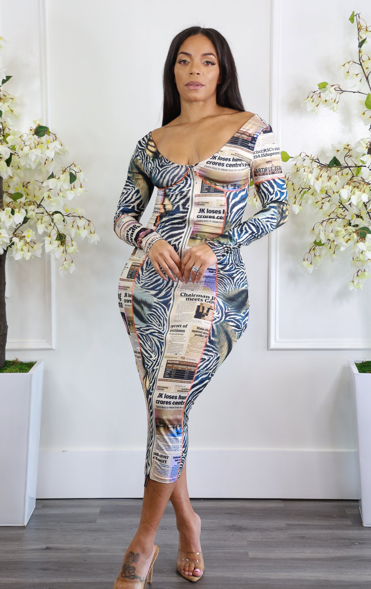 Printing V-Neck Off-The-Shoulder Long-Sleeved Dress NSNJD114053