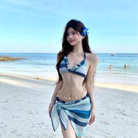 波西米亚风游泳衣女纯欲风条纹高级感三件套裹裙比基尼绝美泳装