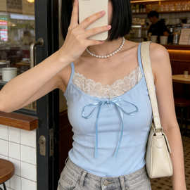 螺纹纯色蕾丝边吊带背心女装2026夏季韩版内搭修身蝴蝶结上衣