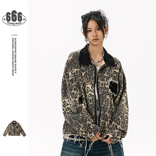 STIWAUP美式复古豹纹水洗破洞工装外套男女情侣痞帅机车夹克J650