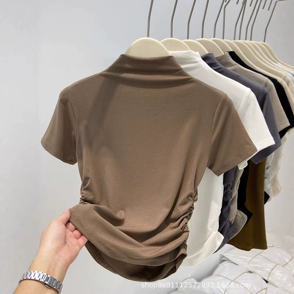Лето 2024, новый стиль, футболка с короткими рукавами из чистого хлопка с полугольфом на талии, женская плиссированная футболка, тонкий короткий стиль, модные ins