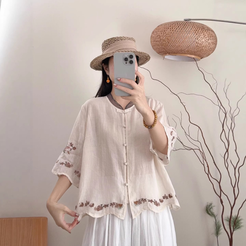 Ethnic Style Embroidered Ramie Shirt for Women 2026 Summer High-End Vintage Artistic Beautiful Cardigan Outerwear Fashion Top Ethnic Style Embroidered Ramie Shirt for Women 2026 Summer High-End Vintage Artistic Beautiful Cardigan Outerwear Fashion Top