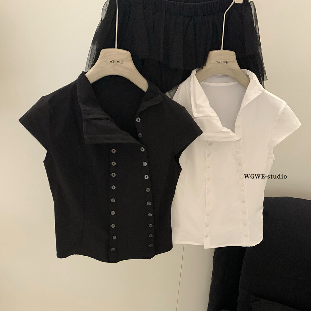 Liquidación, sin devoluciones ni cambios, camisa de verano con botones de estilo puro y atractivo, camisa irregular versátil y de corte ajustado W5287 image 2