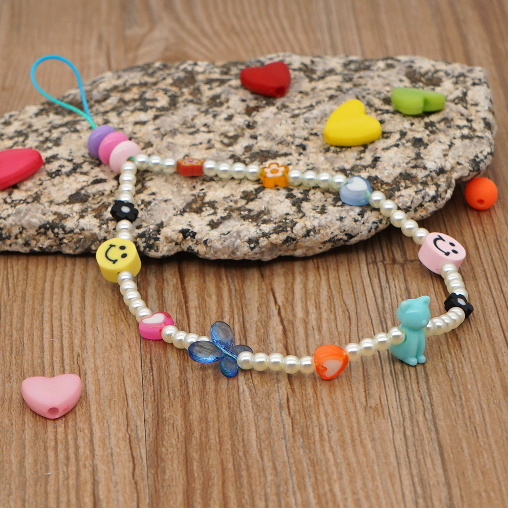 Imitation pearl smiley soft pottery love beaded mobile phone lanyardpicture5