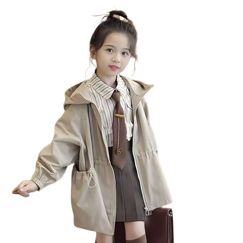 Детское trench coat, хаки куртка с капюшоном, средней длины