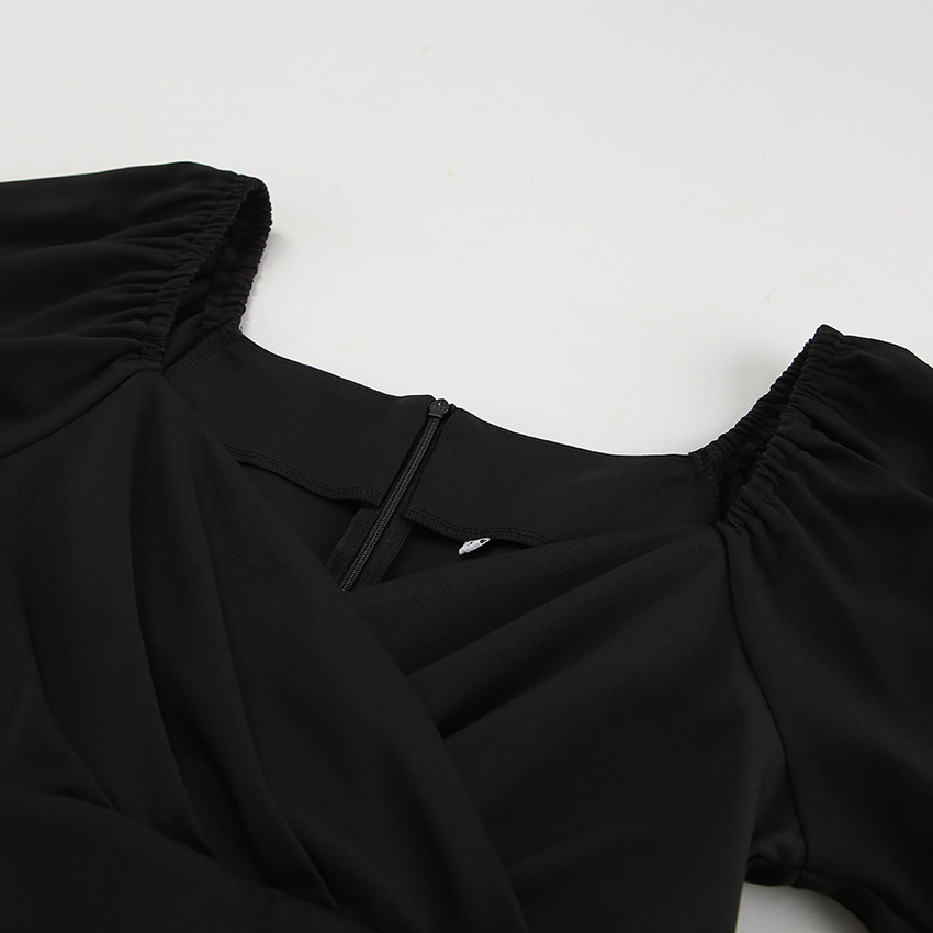 Autumn Winter Sexy Mysterious V neck Long Sleeve Office Pleated Slim Fit Slit Classic Dress Black Dress