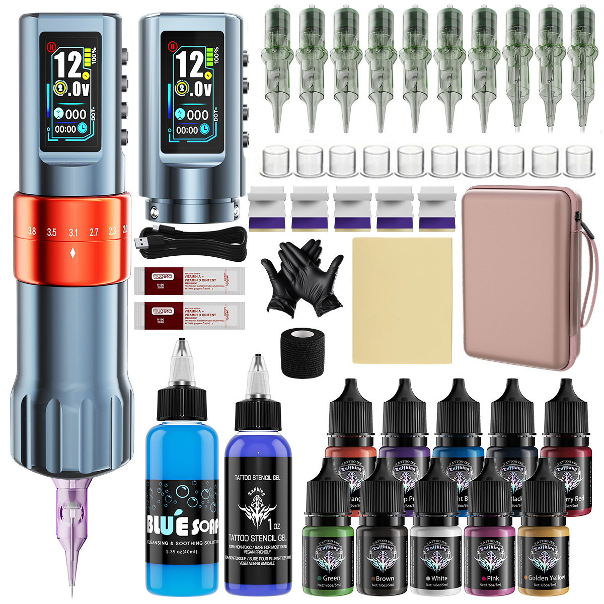Máquina de tatuaje de doble batería ajustable, conjunto de taza hueca, motor de alimentación inalámbrica, pluma de tatuaje, herramienta de corte de alambre para tatuajes