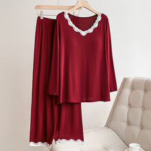 本命年简约休闲睡衣红色女士家居服秋冬V领韩版蕾丝套装外穿
