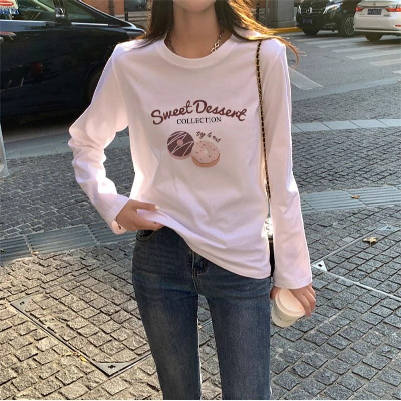 纯棉长袖T恤打底衫女字母印花长袖休闲韩系新款韩系百搭上衣批发