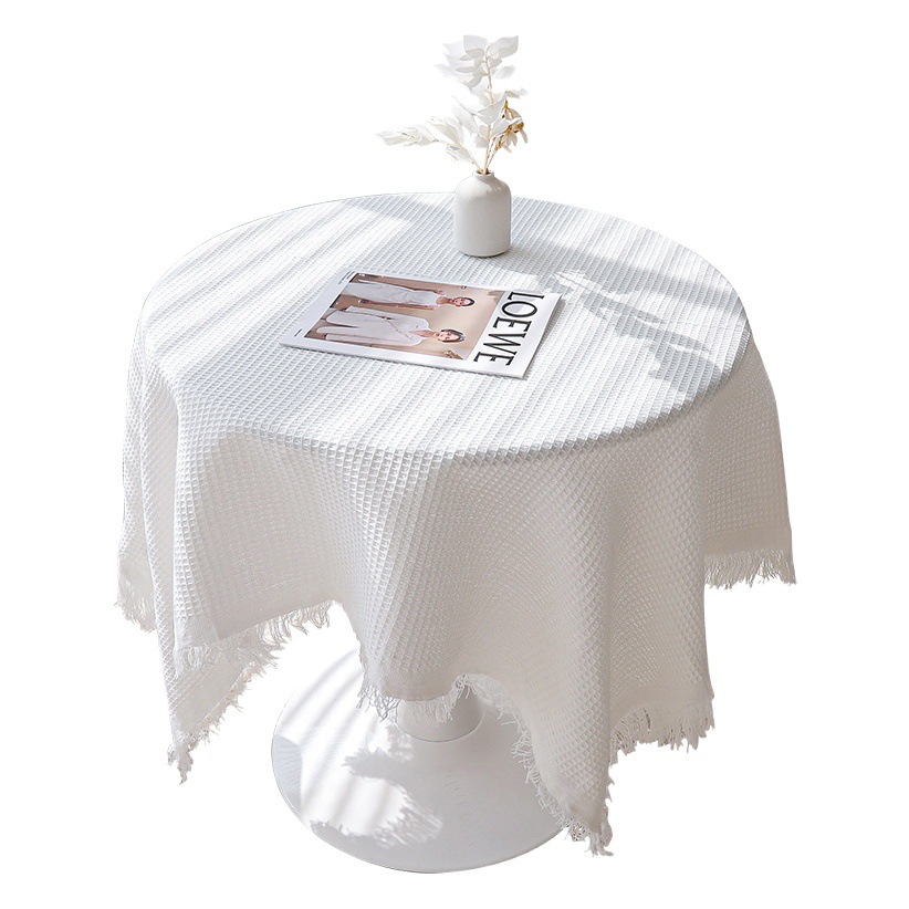 Nórdico francés ins estilo redondo de alta calidad de algodón y lino blanco encaje mantel rectangular mesa de café al por mayor