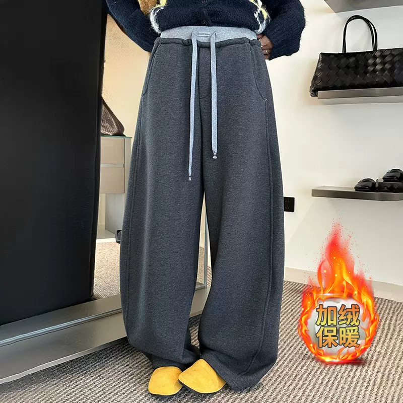 欧韩版奥利绒加厚弯刀裤女装冬季保暖高腰软糯垂感加绒直筒休闲裤