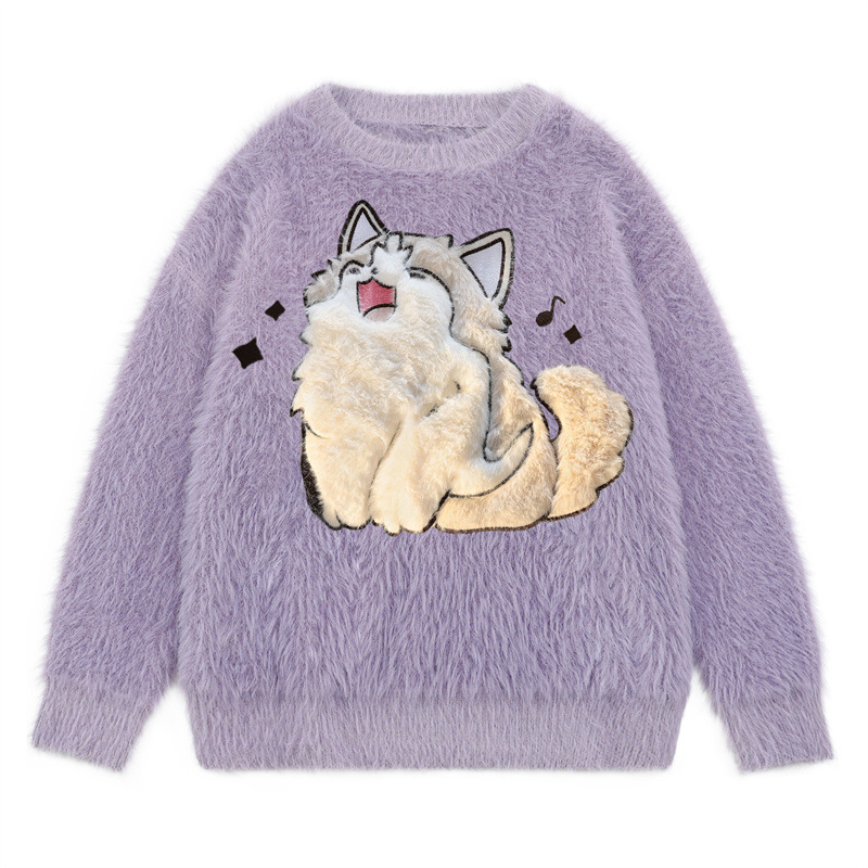 Tang Mu Chaoren 2024 Autumn New Trendy Brand High Street Cartoon Cat Towel Embroidered Men's and Women's Loose Sweater Mohair
