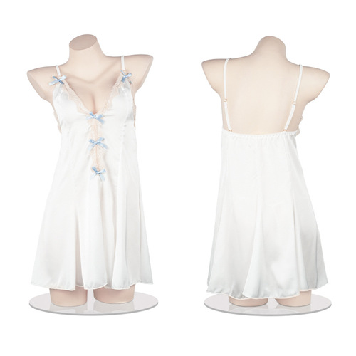 Fantasy French light luxury lace dress nightgown sexy lingerie female sexy suspender blue bow girl pajamas