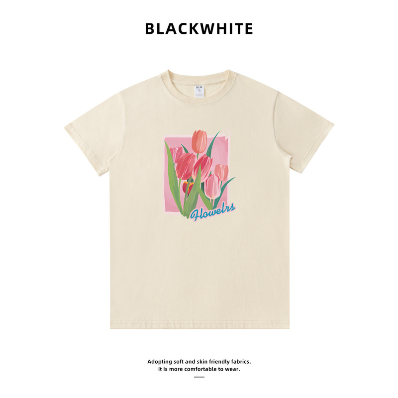 Apricot-Colored Healing Korean-Style Tulip Print T-Shirt, Round Neck, Loose Fit, Soft Pure Cotton, Couple's Style Top, Factory 838