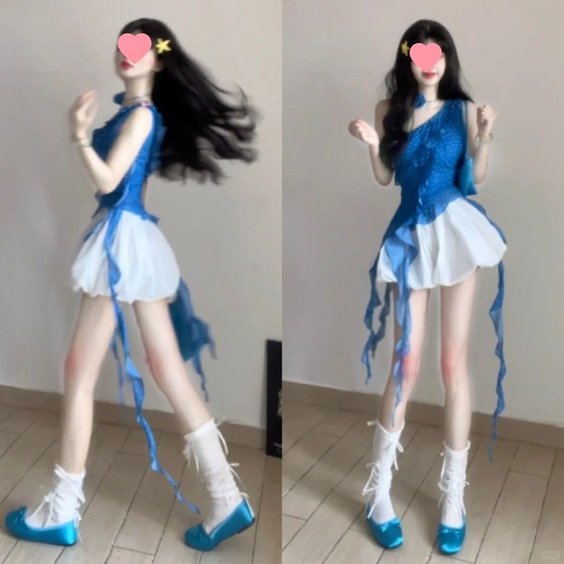 女性用スーツ 2025 夏新作韓国風外国風フリルブルー水玉斜め肩トップスとスカート 2 点セット|undefined