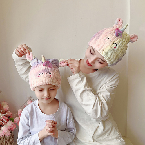 Children's Hair Drying Cap Unicorn Rabbit Wholesale Coral Velvet Water Absorbent Cartoon Cute Shower Cap for Women Adults