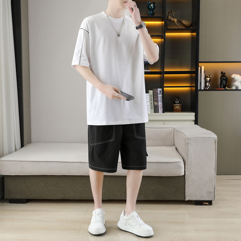 Hombres de verano nuevo color sólido simple pantalones cortos de manga corta dos piezas casuales sueltos y versátiles set de tamaño grande