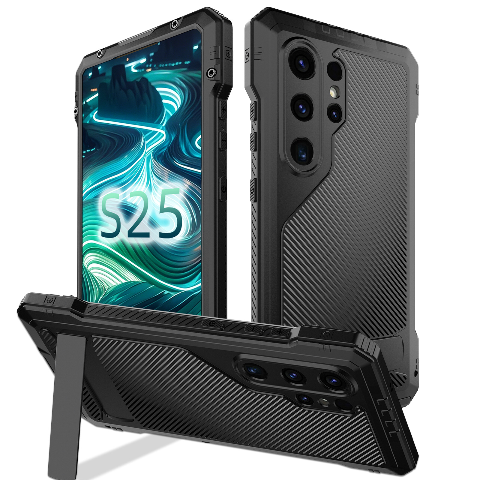 Ốp lưng kim loại chống sốc cho Samsung S25 Ultra, S25 Plus, S24 Ultra, S26 Ultra – có giá đỡ, chống bụi, chống rơi, thiết kế full wrap bảo vệ toàn diện — đen, đỏ