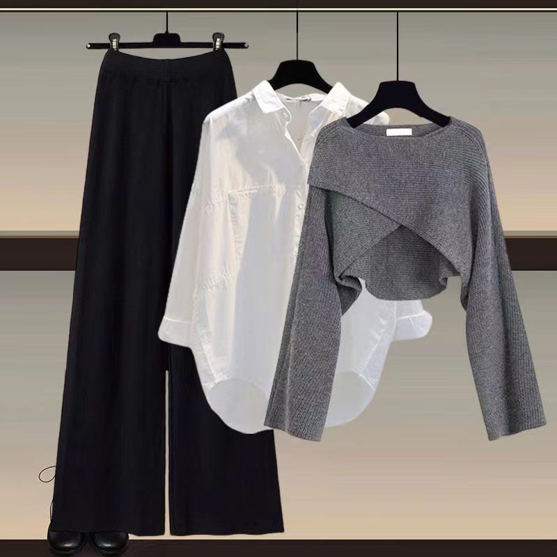 GraceChic Strickpullover, Hemd und weite Hose, dreiteiliges Set, Herbst/Winter-Outfit 2024, Damenmode in großen Größen_voghion.com