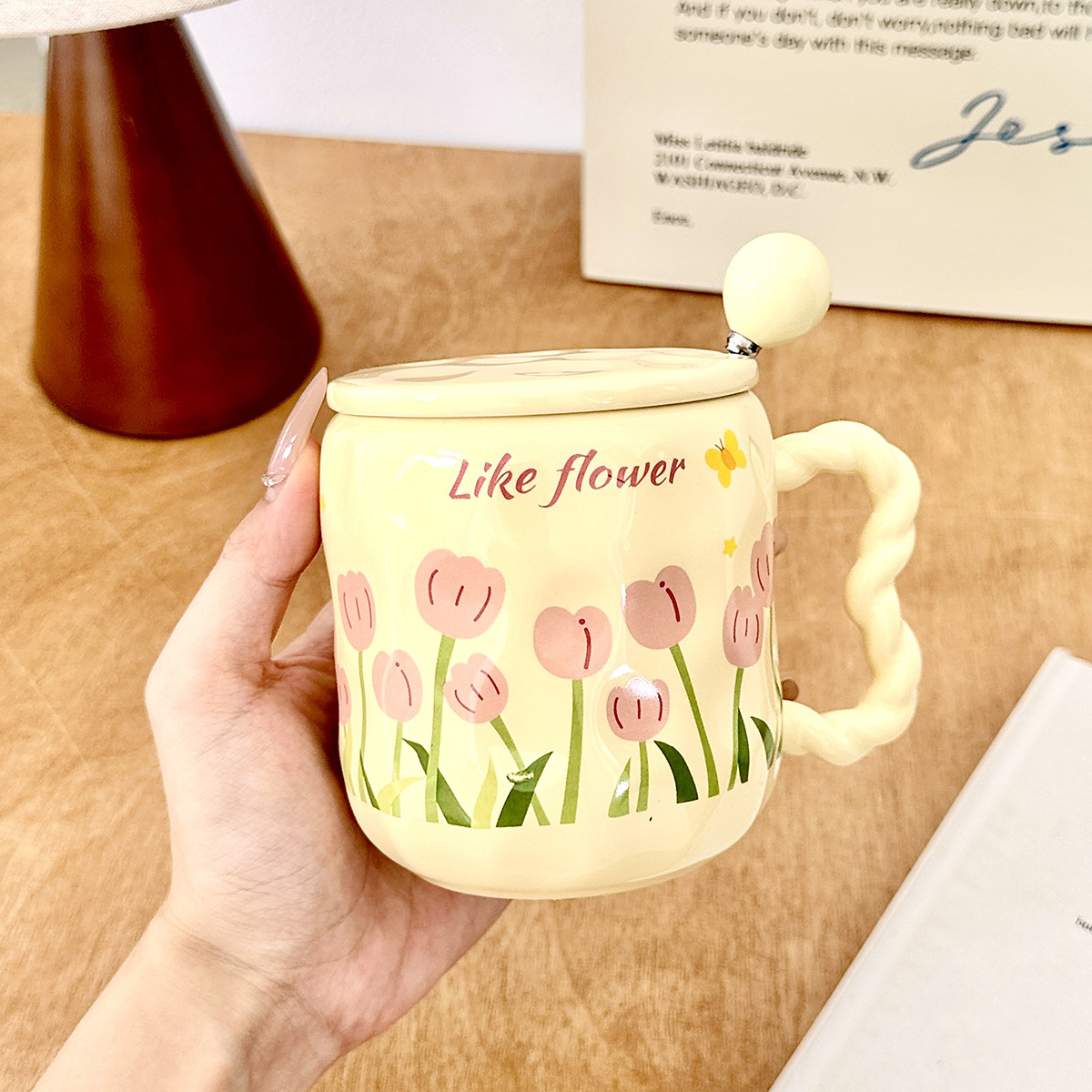Pink tulip [cup+cover+milk yellow spoon]